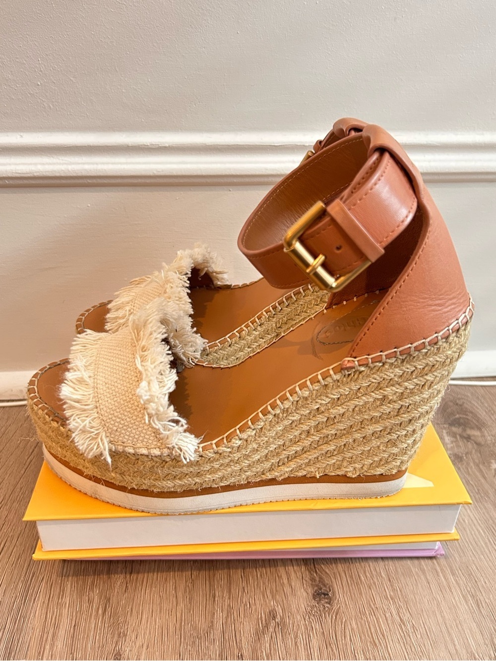 See By Chloe Glyn Espadrille Tan and Cream Fringe Sandal Wedges - Picture 5 of 8